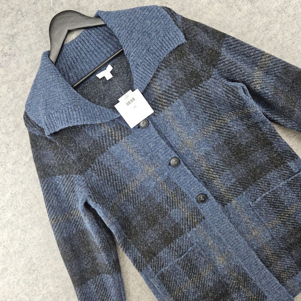 J Jill Plaid Cardigan Sweater Womens XS Dark Blue Wool Blend Button Front Pocket
